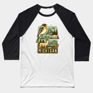 Michigan's Vintage Line Art - Nature and Landmarks Baseball T-Shirt